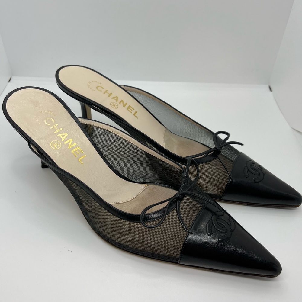 Vintage Chanel Black Mesh CC Mules